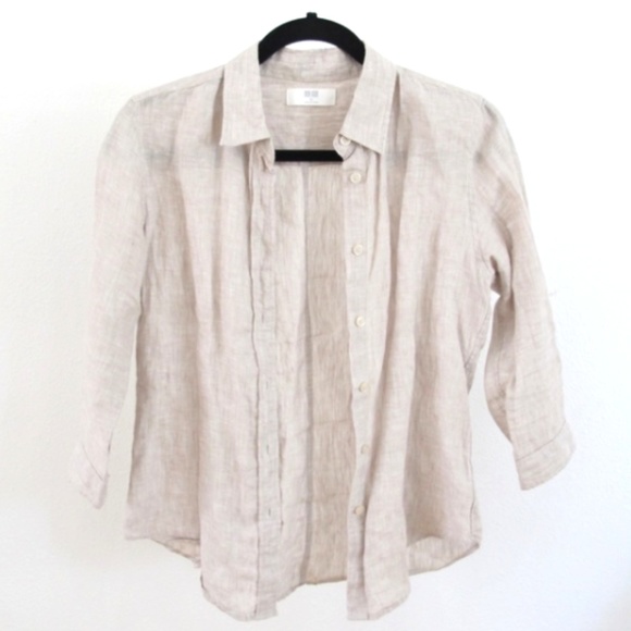 Uniqlo Tops - Uniqlo 3/4 Button Down Collared Linen Blouse